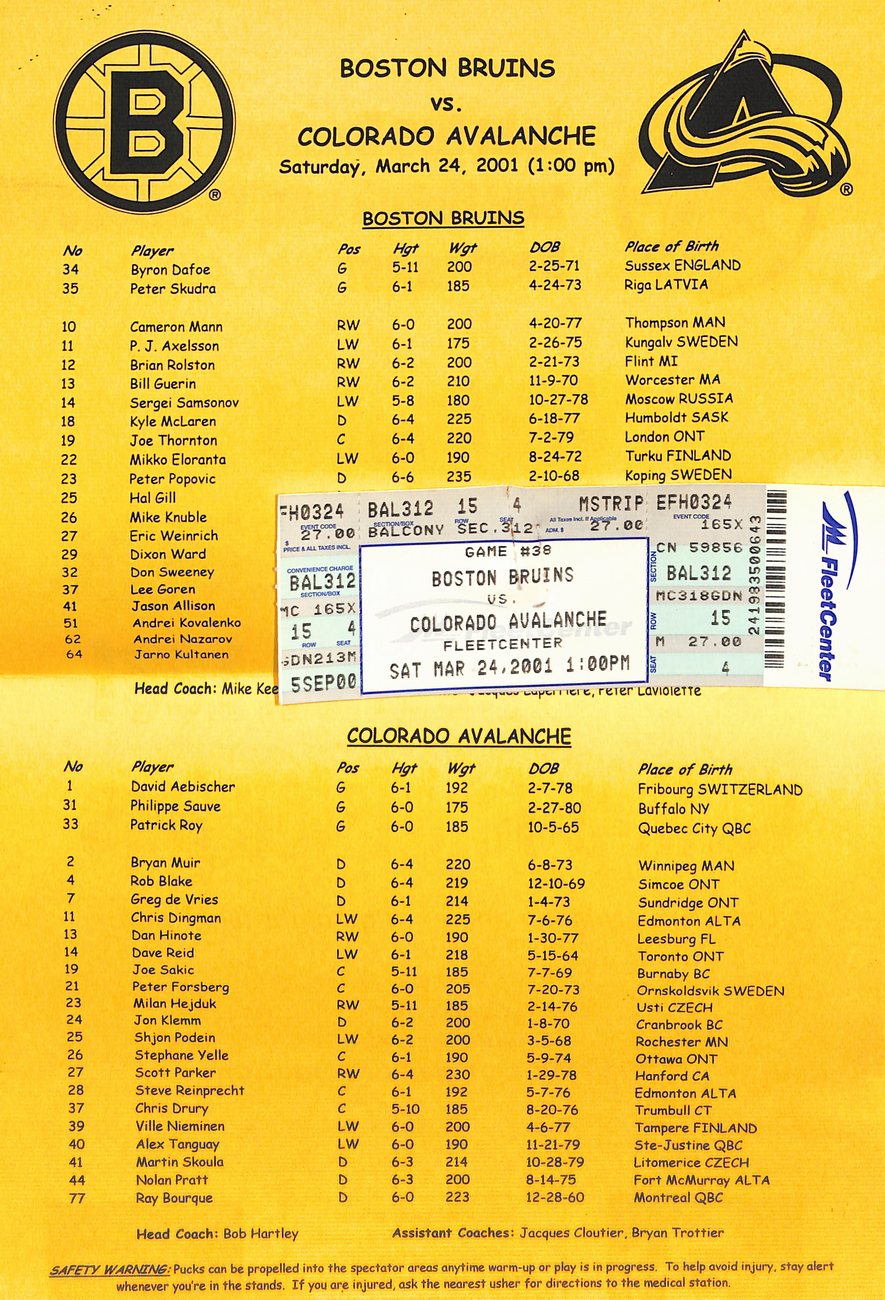 March 24 2001 Boston Bruins vs Colarado Avalanche Program + Ticket Stub 182027