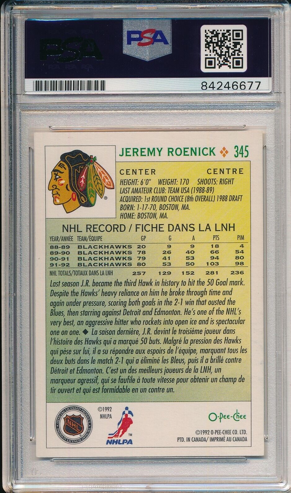 Jeremy Roenick Blackhawks Signed 1992-93 O-Pee-Chee Card #52 PSA/DNA 155082