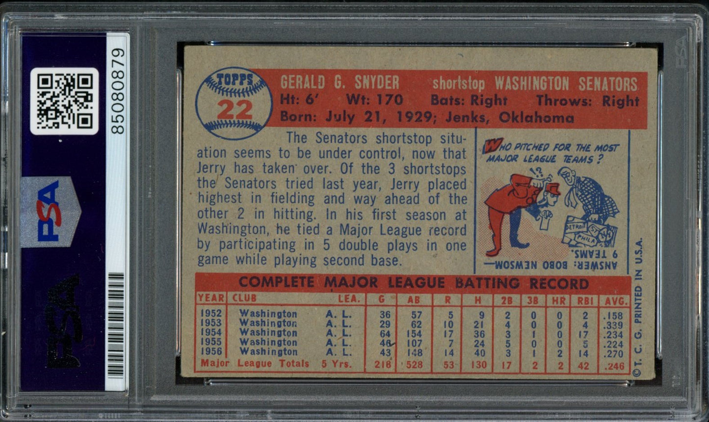 Jerry Snyder Signed 1957 Topps Trading Card #22 Senators PSA/DNA 184001