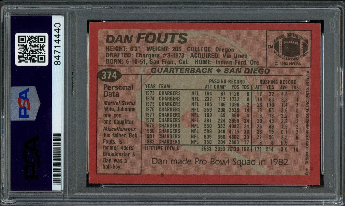 1983 TOPPS Dan Fouts #374 Authentic Card Signed Chargers PSA/DNA 176685