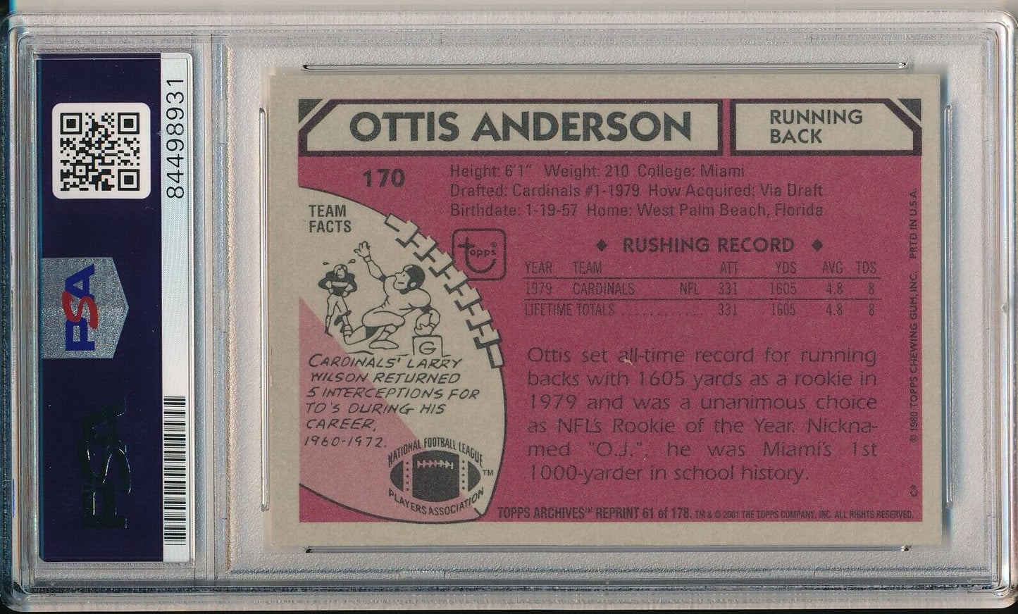 Ottis Anderson Cardinals Signed 2001 TOPPS Archives Card #170 PSA/DNA 165988