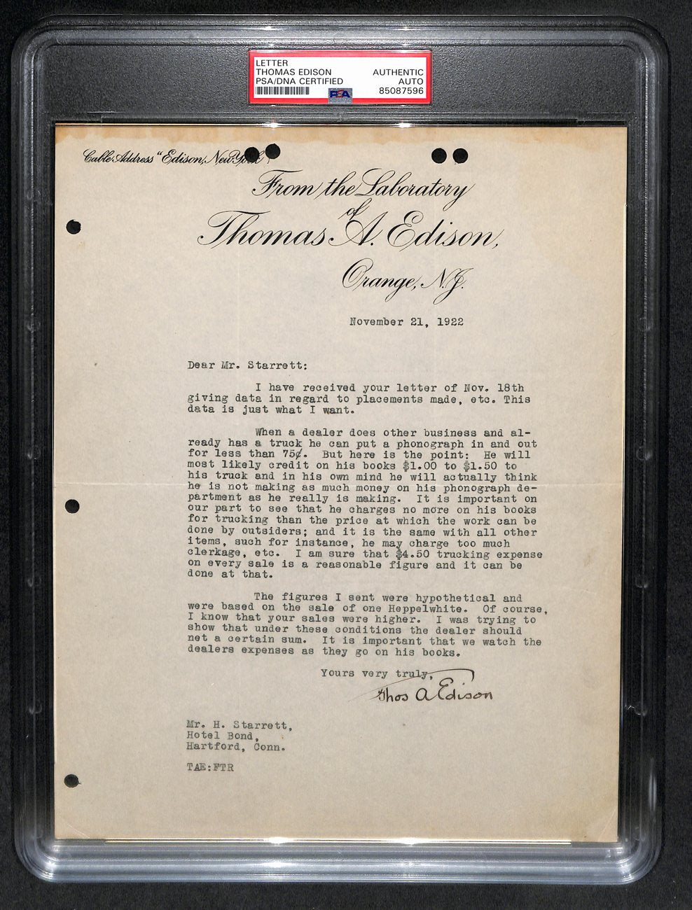 Thomas Edison AUTO/Signed Vintage 1922 TLS Letter PSA/DNA 183803