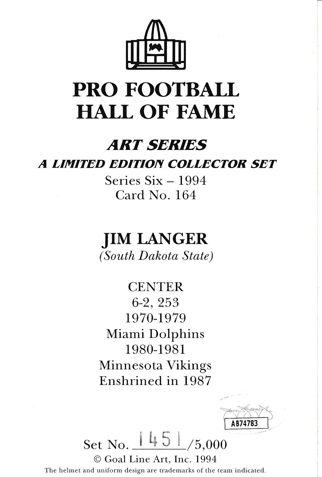 Jim Langer HOF Autographed/Inscr Goal Line Art GLAC Postcard Miami Dolphins JSA