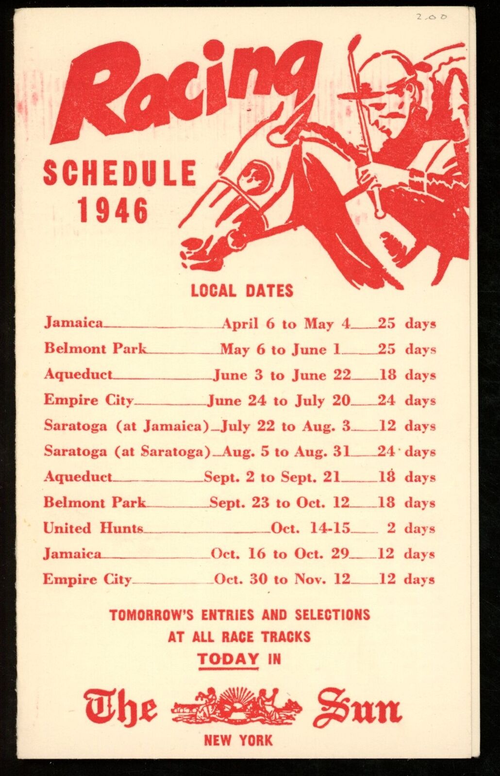 The NY Sun 1946 NY Yankees/NY Giants/Brooklyn Dodgers 3.5x5.5 Pocket Schedule