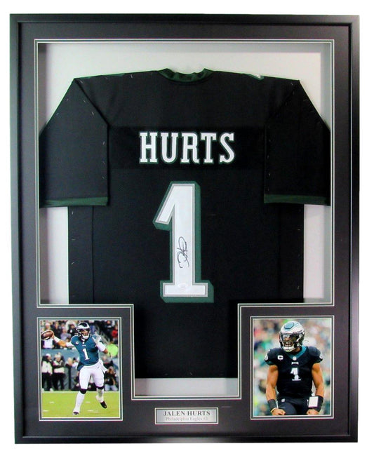 Jalen Hurts Autographed Black Football Jersey Eagles Framed JSA 183643