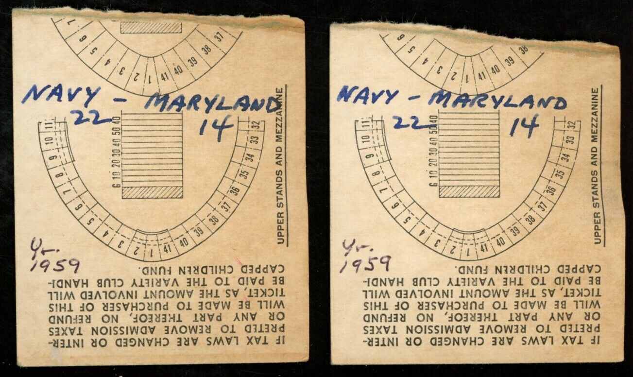 Lot of (2) 1959 Navy vs. Maryland College Football Game Ticket Stubs 178029