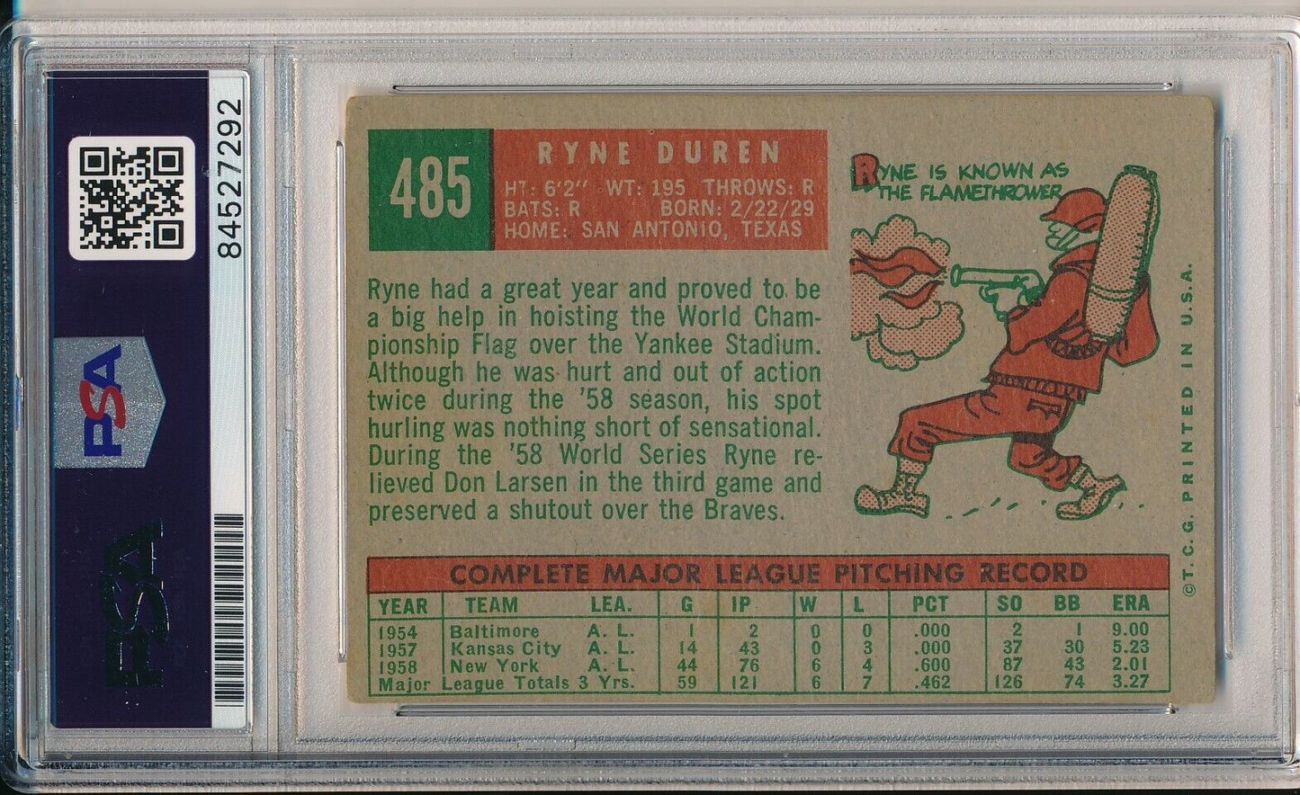 Ryne Duren Yankees Signed/Autographed 1959 TOPPS Card #485 PSA/DNA 166528