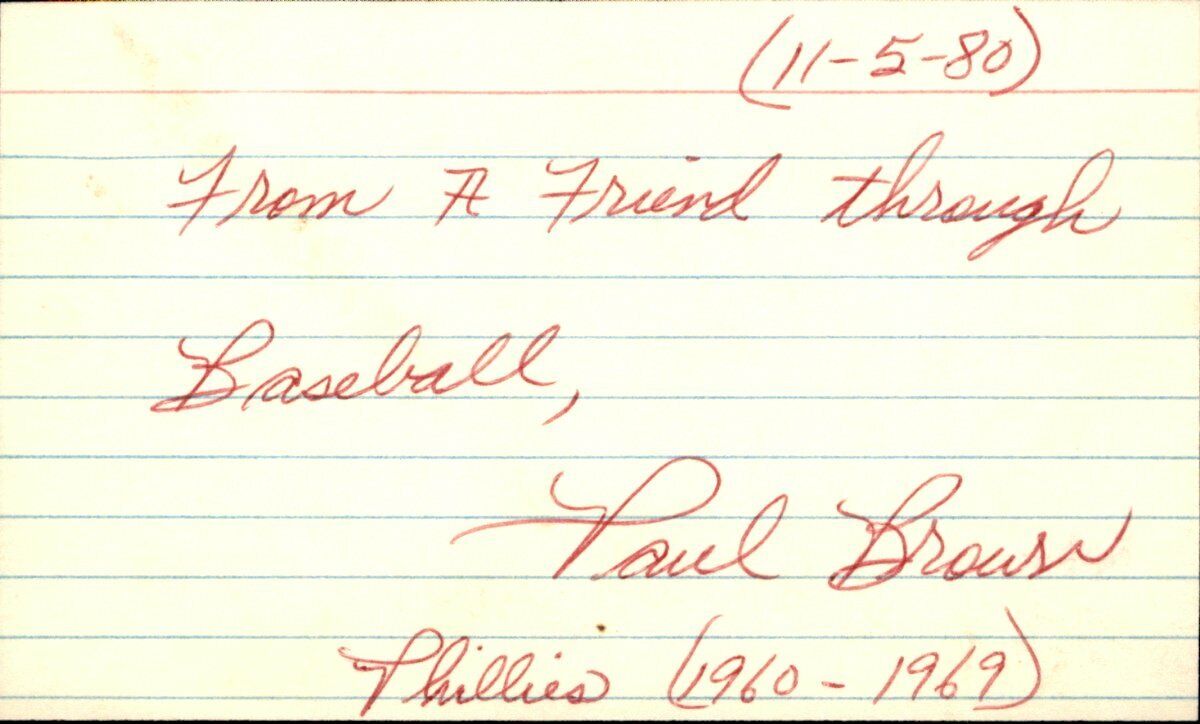 Paul Brown Philadelphia Phillies Signed/Autographed 3x5 IndexCard 162551