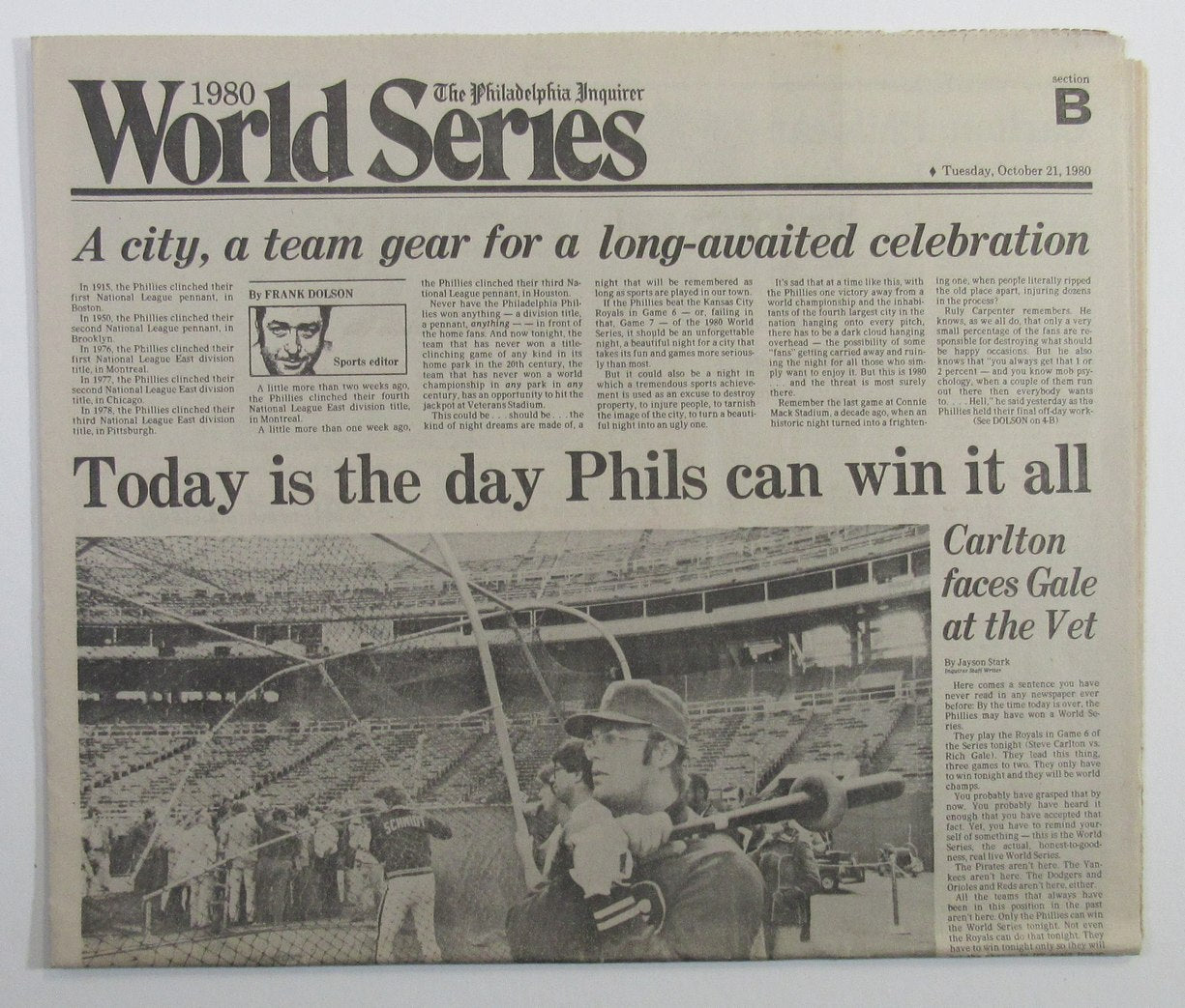 Philadelphia Inquirer Sports Section 10/21/80 World Series Game Six