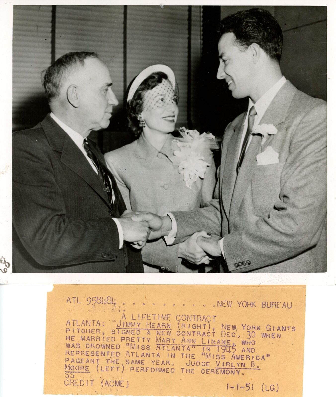 Jim Hearn 8x10 B/W 1951 Press Wire Photo New York Giants