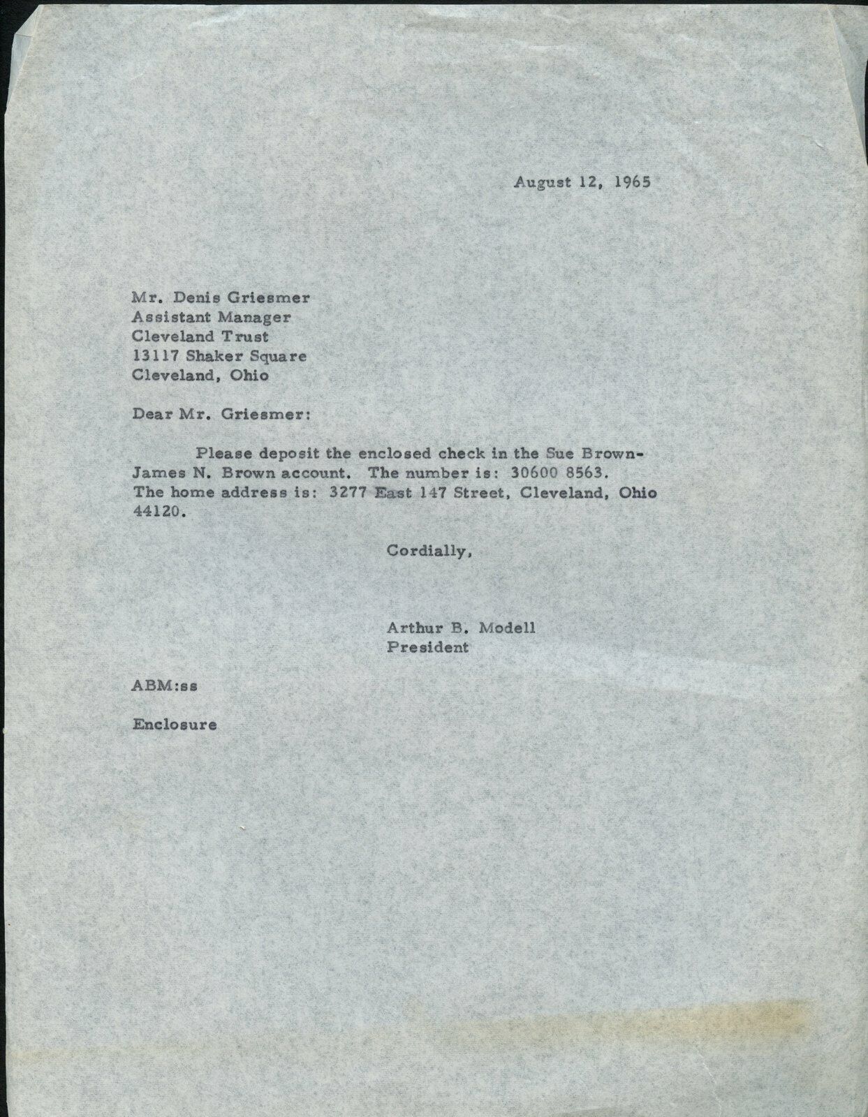 August 12, 1965 letter to Bank from Art Modell for Jim Brown deposit 144996