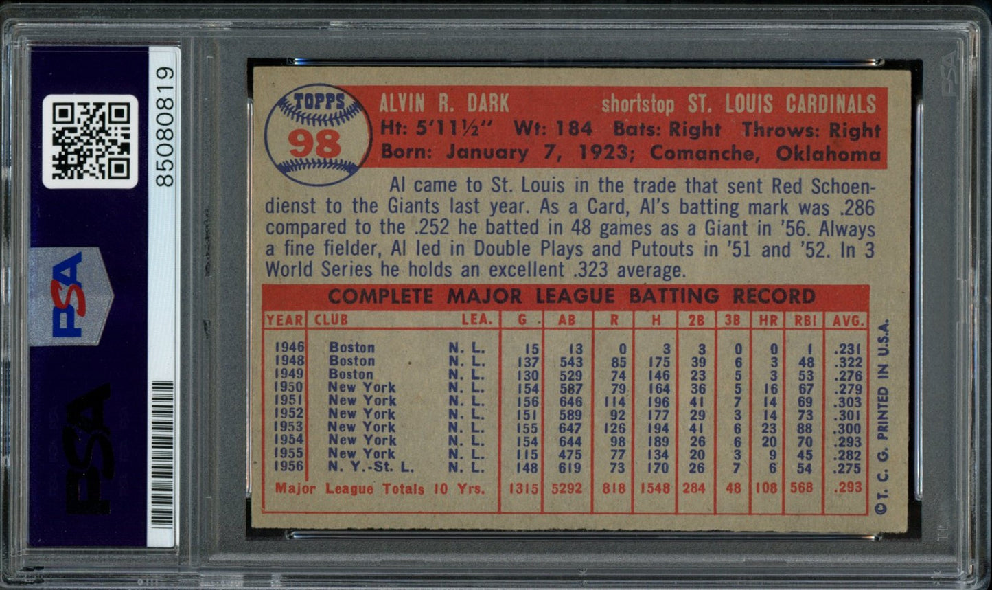 1957 TOPPS Alvin Dark #98 Auth Card Signed St. Louis Cardinals PSA/DNA 184121