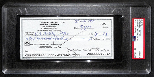 Johnny Unitas Signed 9/ 4/02 Check PSA/DNA MINT 9 188672