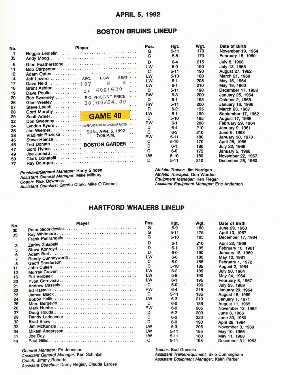 April 5 1992 Boston Bruins vs Hartford Whalers Game Program + Ticket Stub 182000