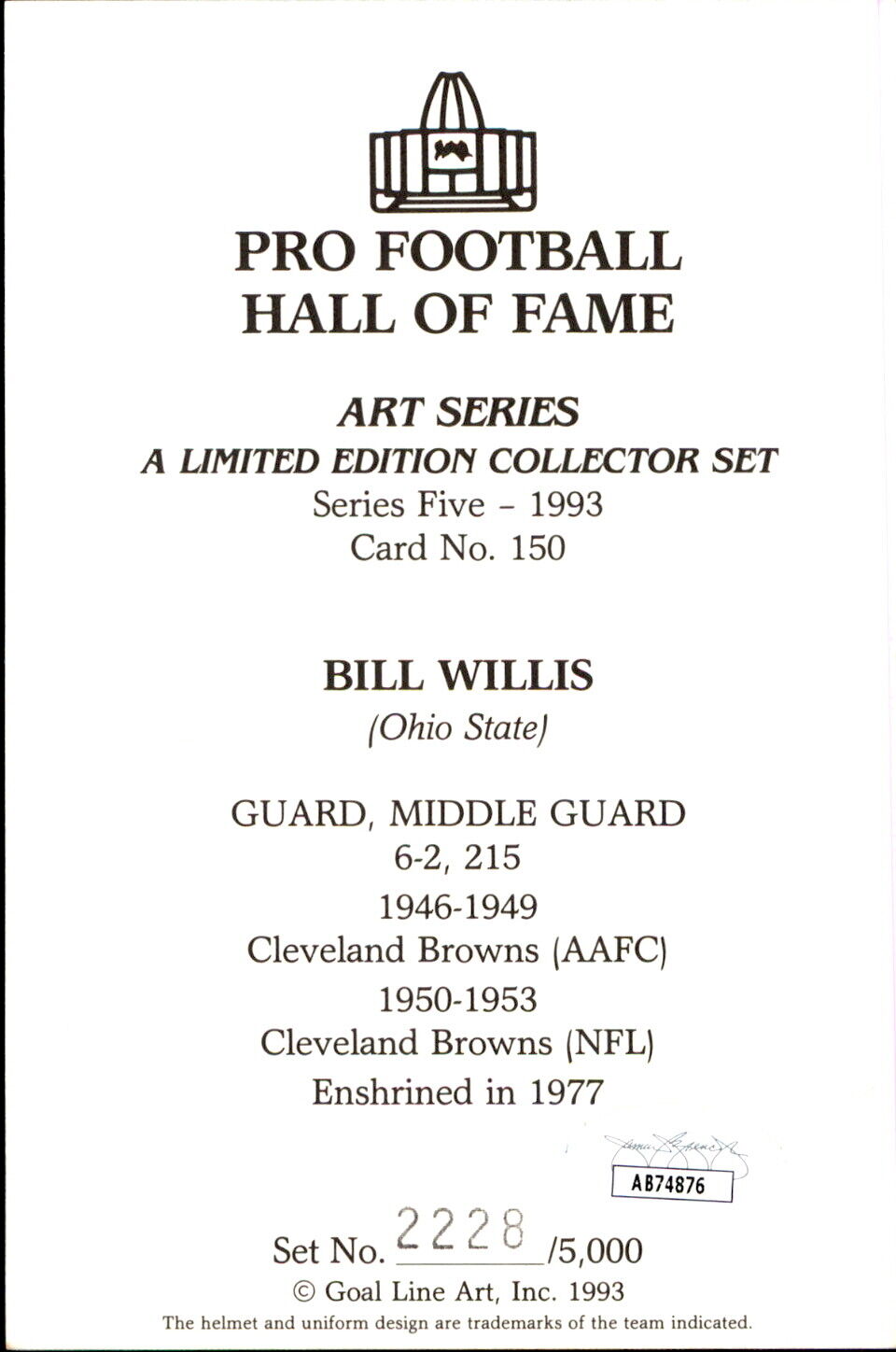 Bill Willis HOF Autographed/Inscribed Goal Line Art GLAC Postcard Browns JSA