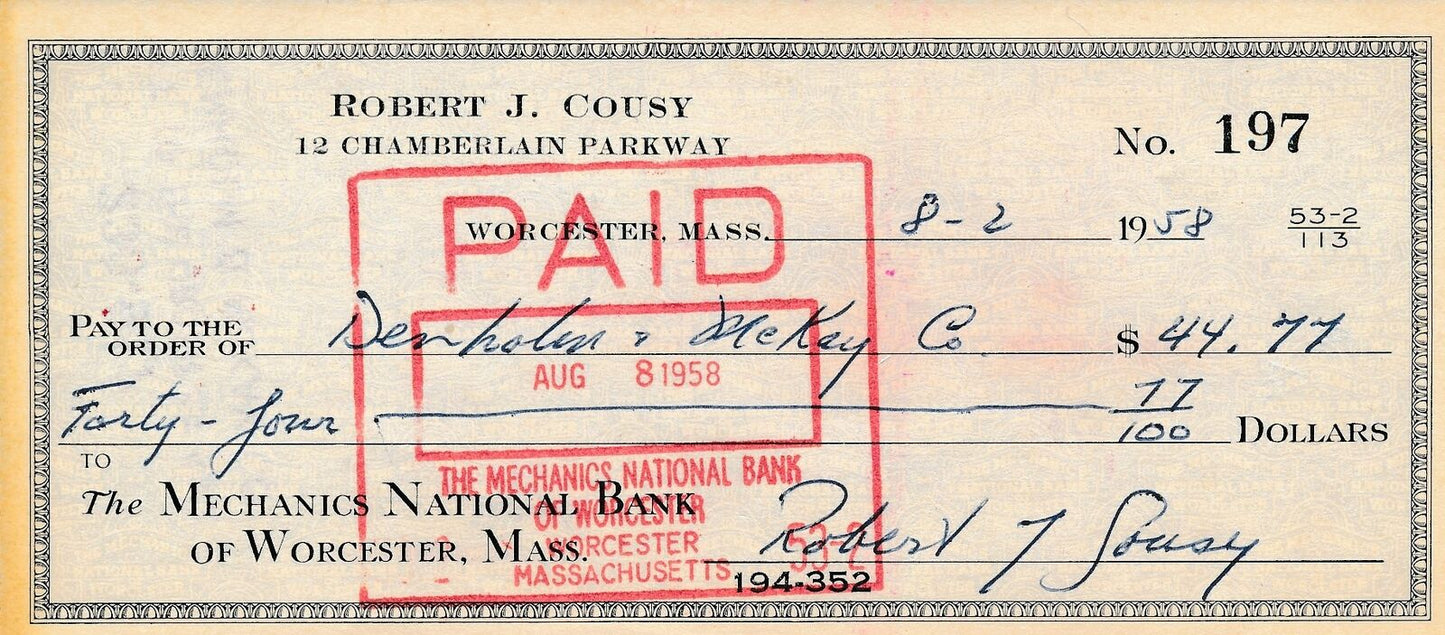 Bob Cousy HOF Boston Celtics Signed/Autographed 1958 Bank Check JSA 165559