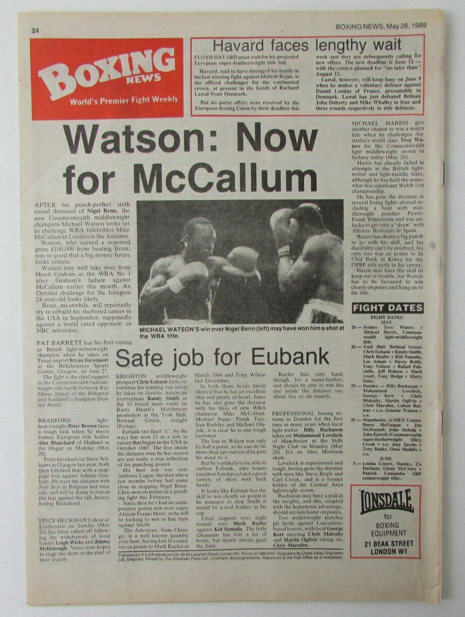 May 26, 1989 Boxing News Magazine Nigel Benn vs. Michael Watson