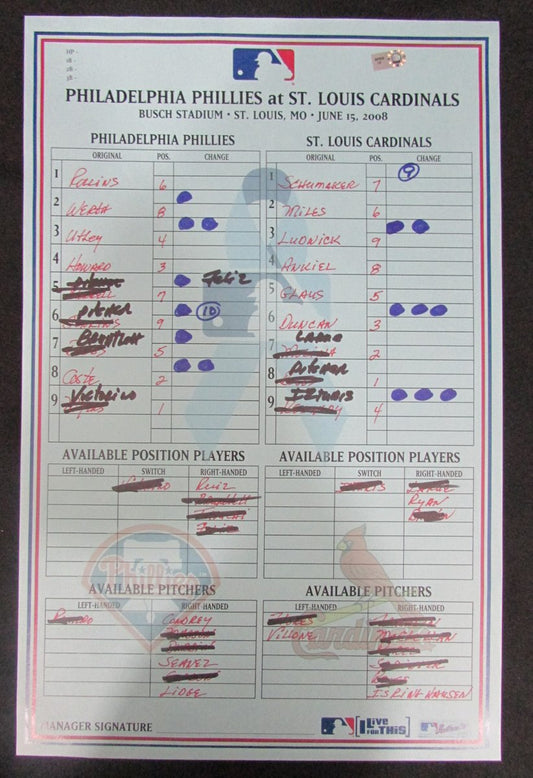 Phillies Cardinals 6/15/2008 Game Used Fathers Day Blue Lineup Card MLB LH047878