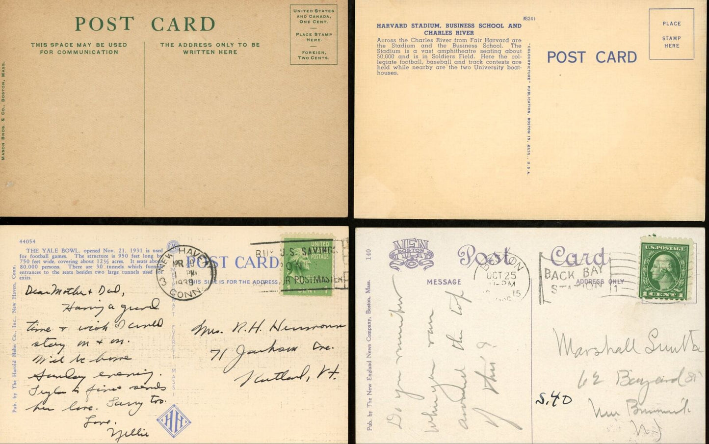 Lot of (4) 1930's Postcards Harvard, Yale Stadium 176177