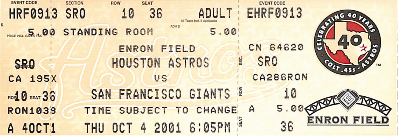Barry Bonds Homerun #70 Full Ticket Giants vs Astors 10/4/2001 187603