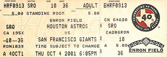 Barry Bonds Homerun #70 Full Ticket Giants vs Astors 10/4/2001 187603