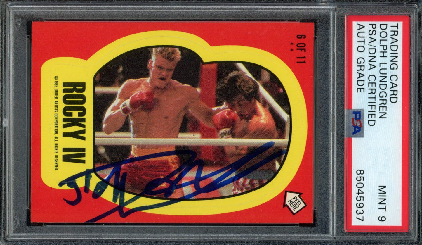 Dolph Lundgren Autographed Rocky IV 1985 TOPPS Sticker Card #6 PSA/DNA MINT 9