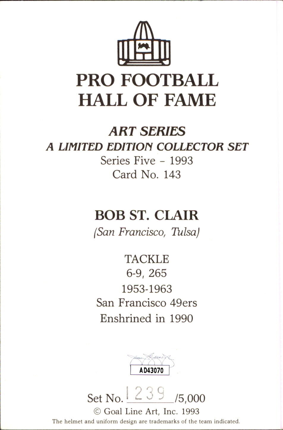 Bob St. Clair HOF Autographed Goal Line Art GLAC Postcard 49ers JSA