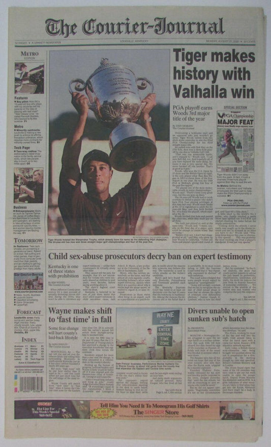 Tiger Woods PGA Champion 3rd Major 2000 Courier-Journal Newspaper 147806