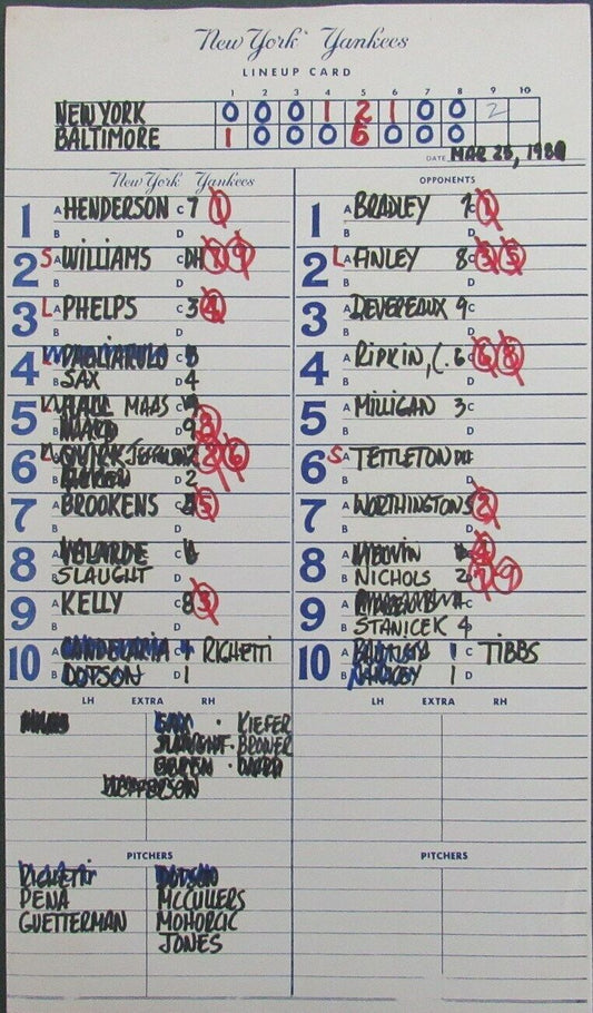 1989 New York Yankees Spring Training 9x15 Lineup Card vs.Orioles Ripken 151335