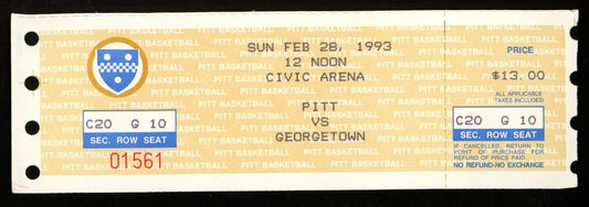 February 28, 1993 Pitt vs. Georgetown College Basketball Game Full Ticket