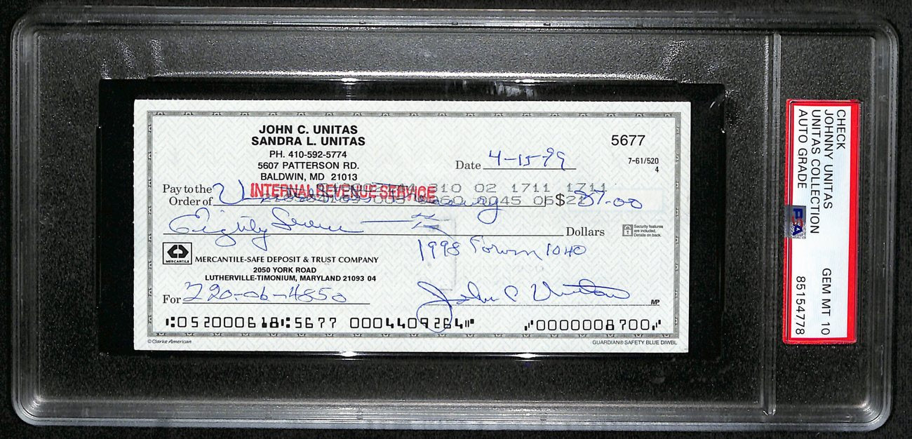 Johnny Unitas HOF Signed/Auto 1999 Bank Check Colts PSA/DNA GEM MT 10 189582