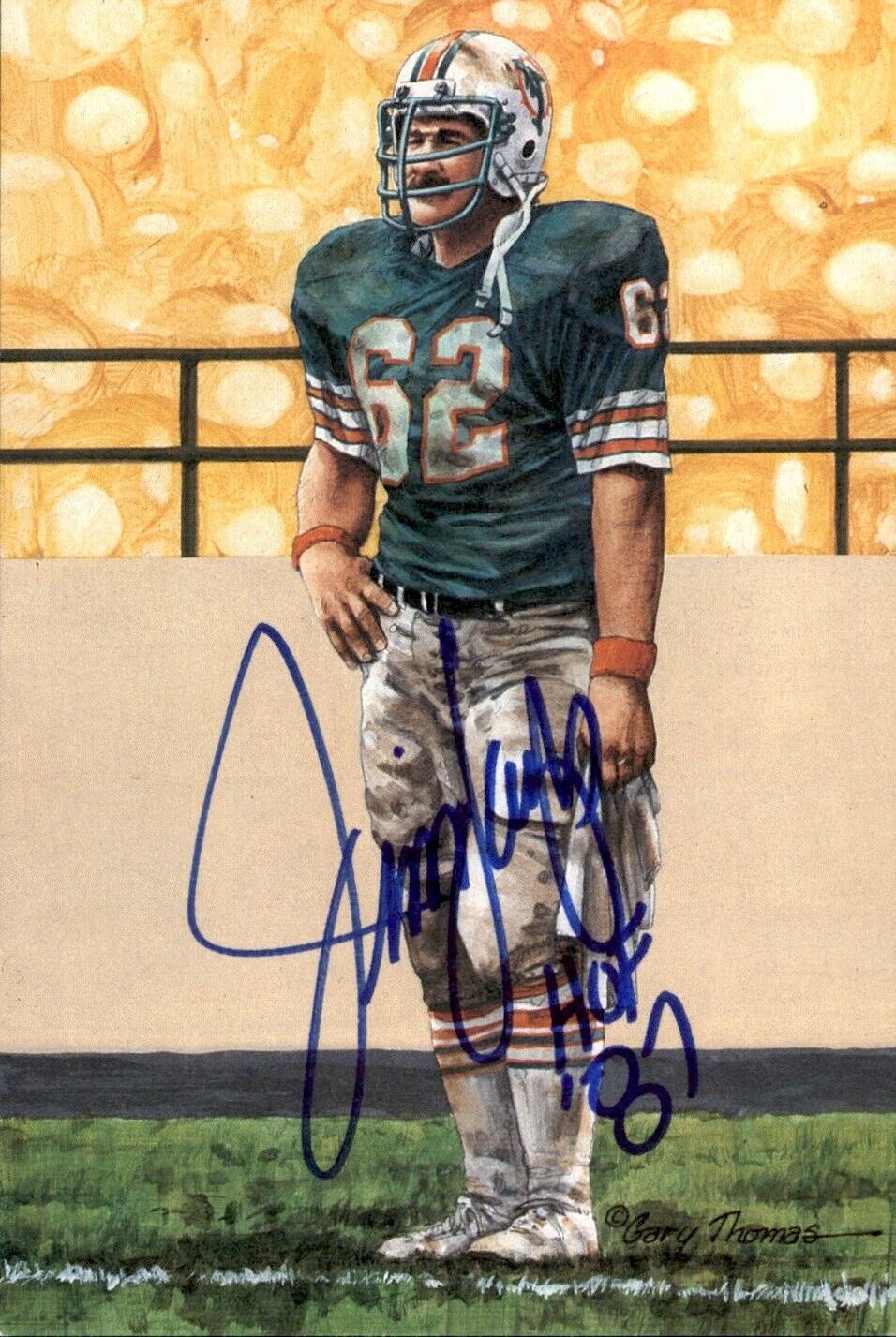 Jim Langer HOF Autographed/Inscr Goal Line Art GLAC Postcard Miami Dolphins JSA