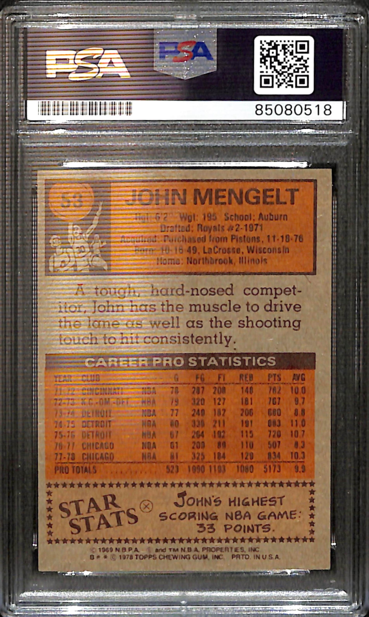 John Mengelt Signed/Auto 1978 Topps Card #53 Chicago Bulls PSA/DNA 185429
