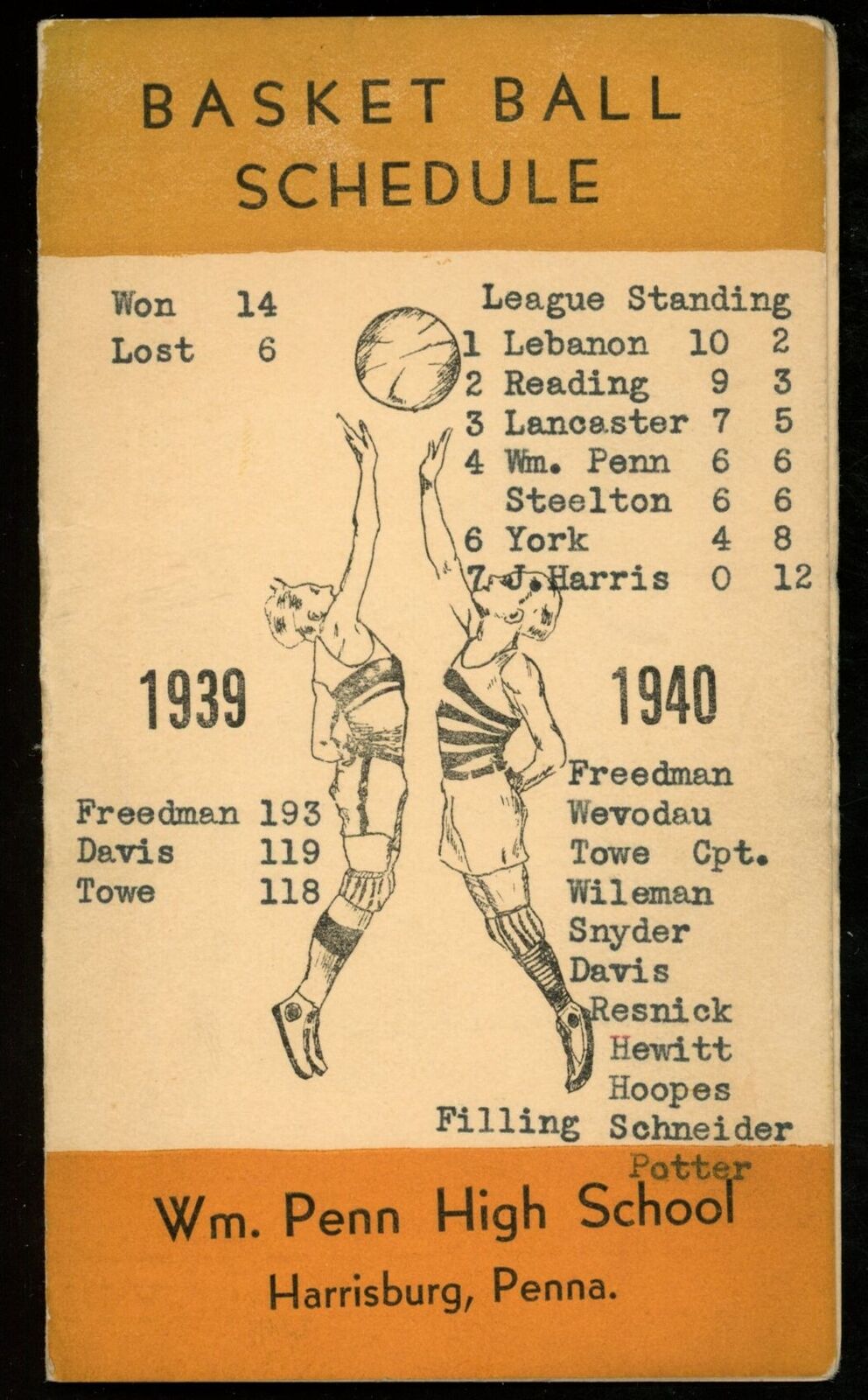 1939-40 William Penn High School Basketball 3x5 Pocket Schedule Harrisburg, PA