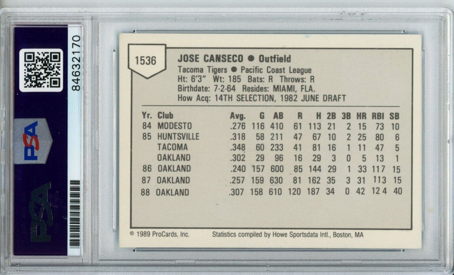 1989 Procards Jose Canseco #1536 Card Signed Oakland A's PSA/DNA