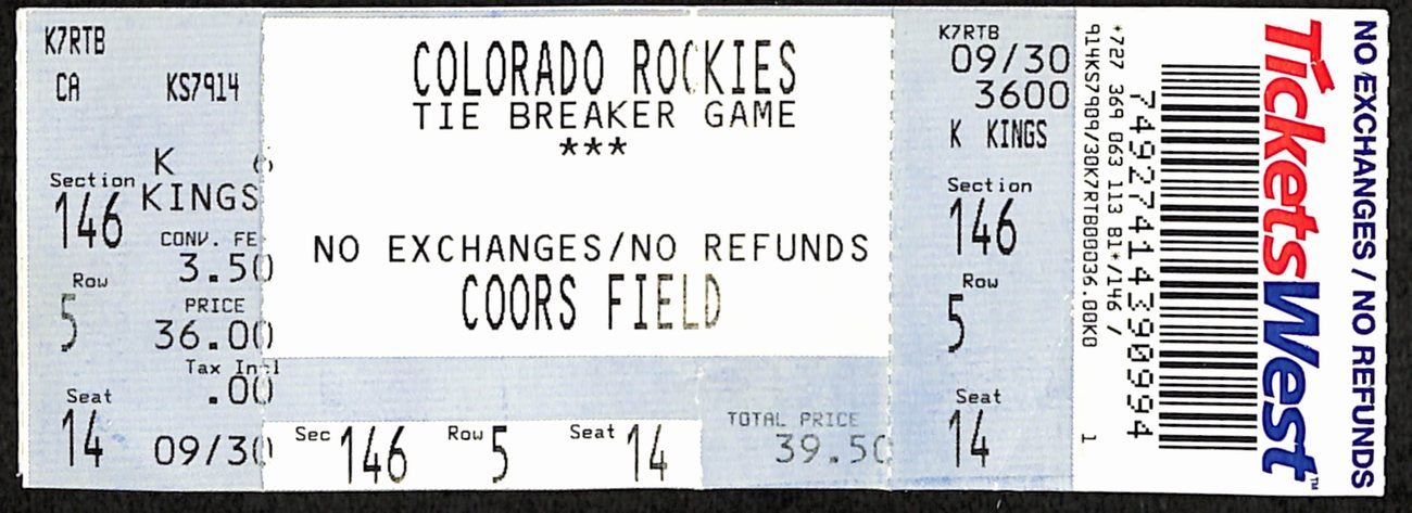 2007 NL Wild Card Tiebreaker Full Ticket Rockies 9 v Padres 8 10/1/2007 187525