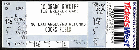 2007 NL Wild Card Tiebreaker Full Ticket Rockies 9 v Padres 8 10/1/2007 187525
