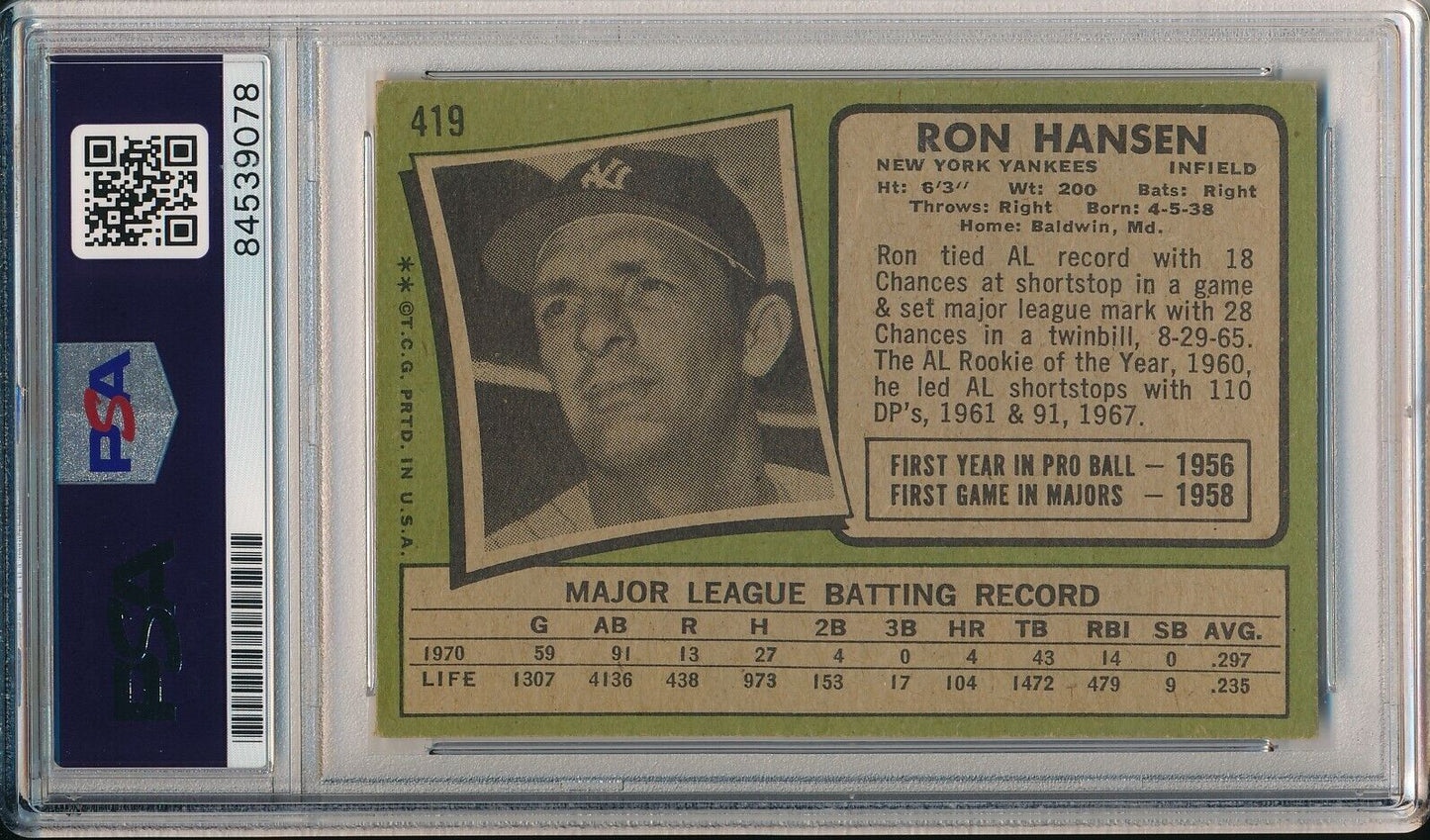 Ron Hansen Yankees Signed/Autographed 1971 TOPPS Card #419 PSA/DNA 166826