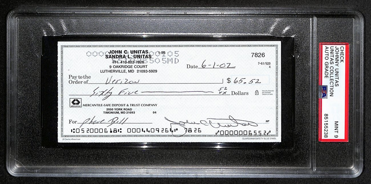 Johnny Unitas Signed 6/1/02 Check PSA/DNA MINT 9 188662