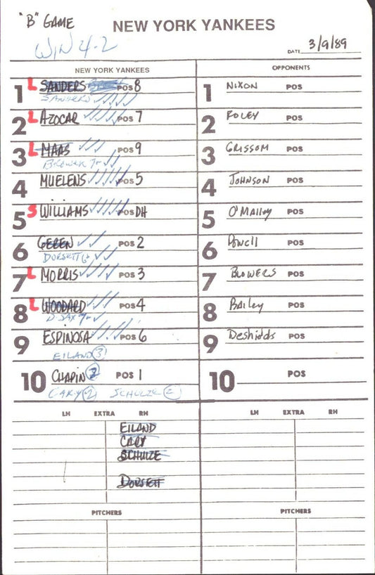 1989 New York Yankees Spring Training 5.5x8.5 Lineup Card vs. NY Mets 151551