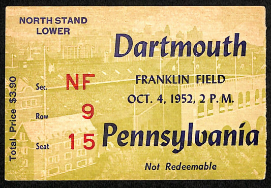 October 4, 1952 Dartmouth vs Penn Quakers Football Game Ticket Stub 190202