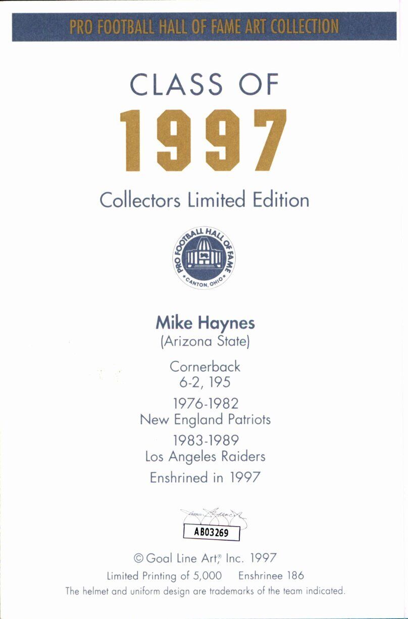 Mike Haynes HOF Raiders Signed/Inscr Goal Line Art GLAC Postcard JSA 167159