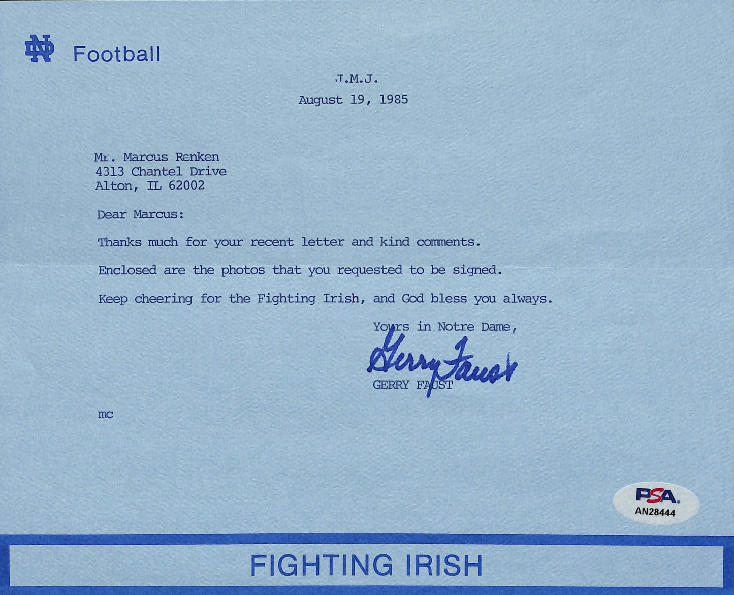 Gerry Faust Signed/Auto TLS Letter Notre Dame Head Football Coach PSA/DNA 185209