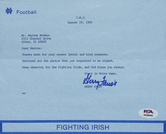 Gerry Faust Signed/Auto TLS Letter Notre Dame Head Football Coach PSA/DNA 185209