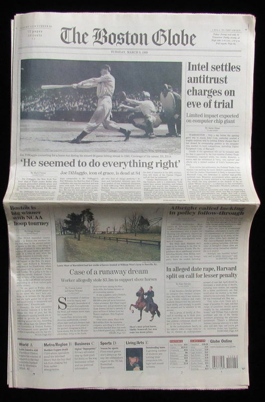 Joe DiMaggio Yankees Death March 9, 1999 The Boston Globe Newspaper 185389