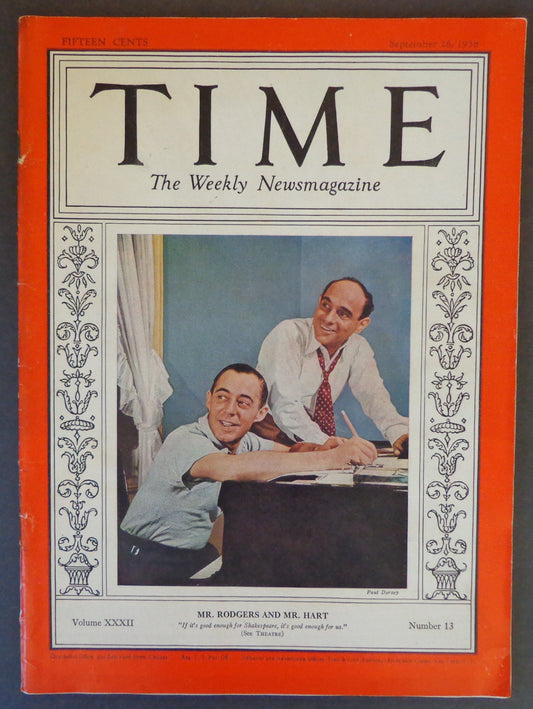 Time Magazine Vol XXXII No 13 September 26, 1938 Richard Rodgers/Lorenz Hart