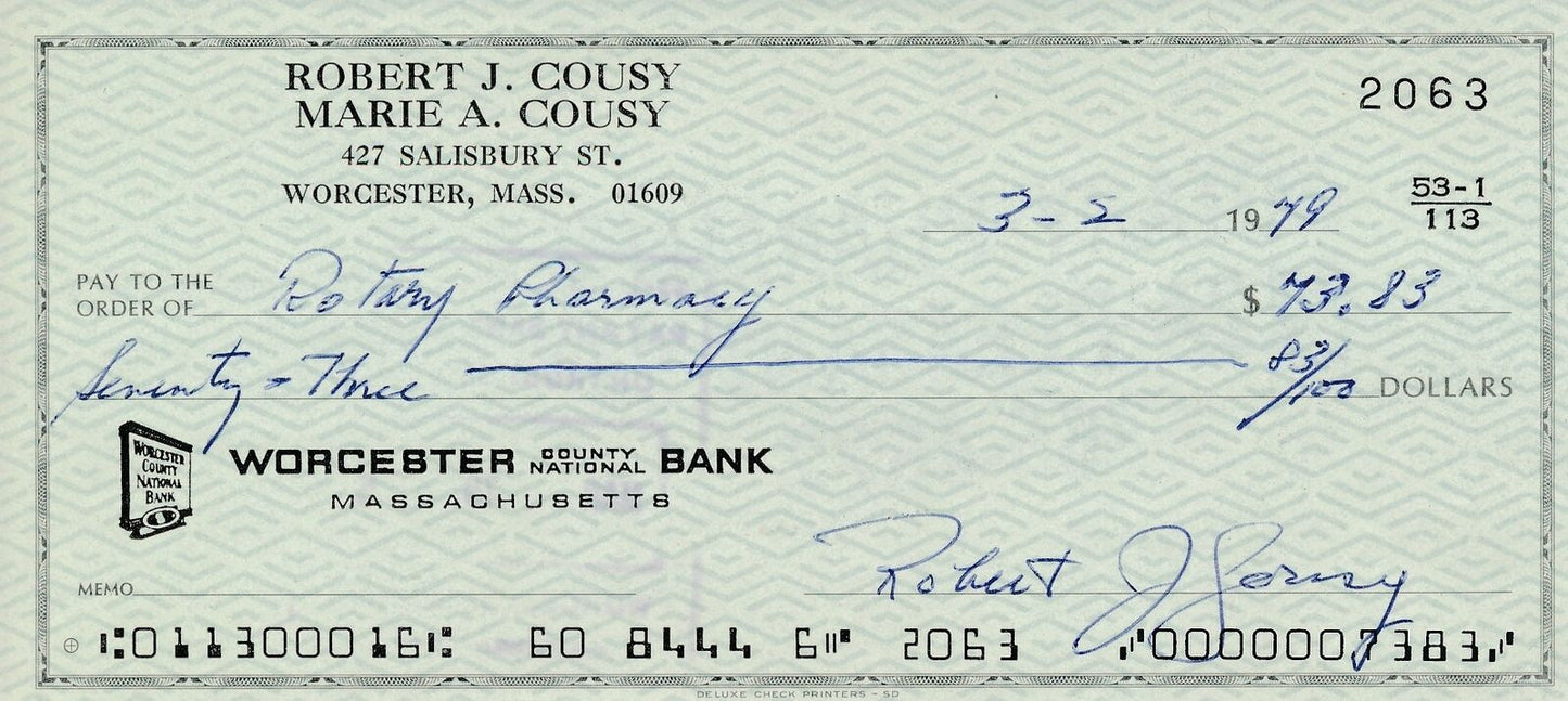 Bob Cousy HOF Boston Celtics Signed/Autographed 1979 Bank Check JSA 165568