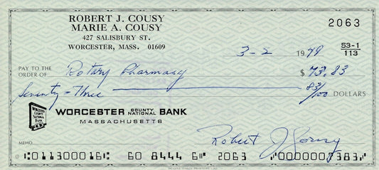 Bob Cousy HOF Boston Celtics Signed/Autographed 1979 Bank Check JSA 165568