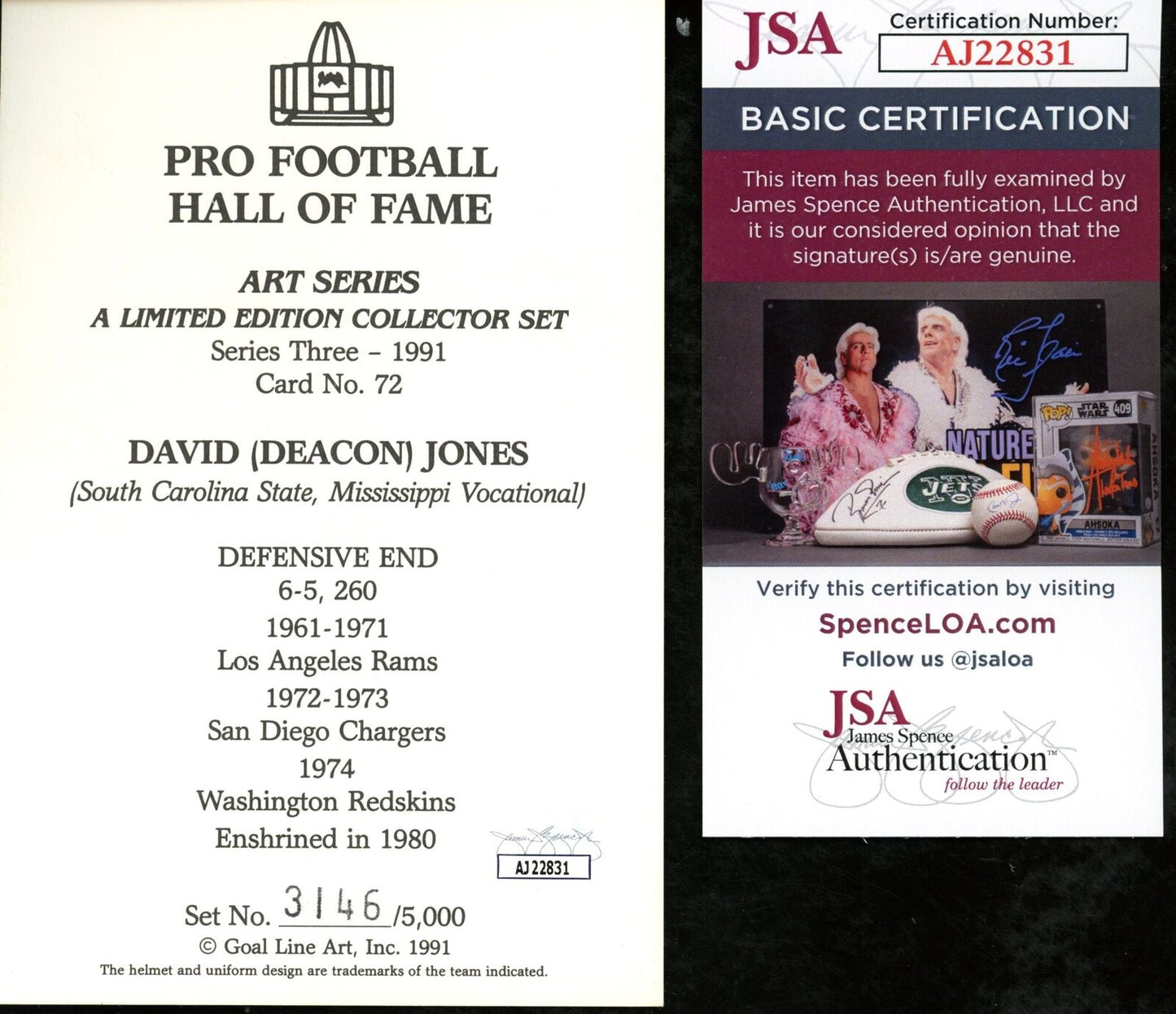 Deacon Jones HOF Autographed/Insc Goal Line Art GLAC Postcard Cowboys JSA 177812