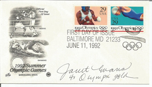 Janet Evans Olympic Swimming Signed 1992 FDC First Day Cover JSA 151062